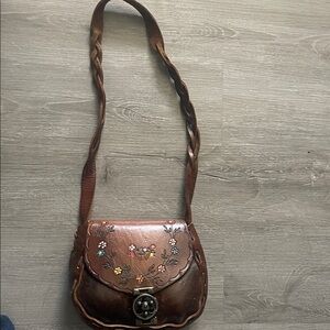 Embroidered Brown Leather Vintage Shoulder Bag